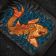Handmade Leather Carp Tooled Wristlet Bag iPad Bag Mens Cool Leather Wallet Long Clutch for Men