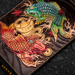 Handmade Leather Carp Tooled Wristlet Bags Mens Cool Leather Wallet Long Clutch for Men