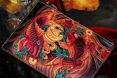 Handmade Leather Carp Tooled Wristlet Bag iPad Bag Mens Cool Leather Wallet Long Clutch for Men