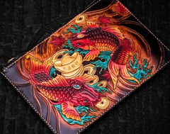 Handmade Leather Carp Tooled Wristlet Bag iPad Bag Mens Cool Leather Wallet Long Clutch for Men