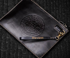Handmade Leather Carp Tooled Wristlet Bag iPad Bag Mens Cool Leather Wallet Long Clutch for Men
