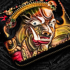 Handmade Leather Chain Wallet Tooled Mah¨¡k¨¡la Biker Wallet Mens Cool billfold Trucker Wallet with Chain