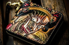 Handmade Leather Chain Wallet Tooled Mah¨¡k¨¡la Biker Wallet Mens Cool billfold Trucker Wallet with Chain