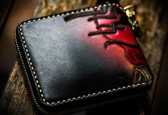 Handmade Leather Chain Wallet Tooled Mah¨¡k¨¡la Biker Wallet Mens Cool billfold Trucker Wallet with Chain