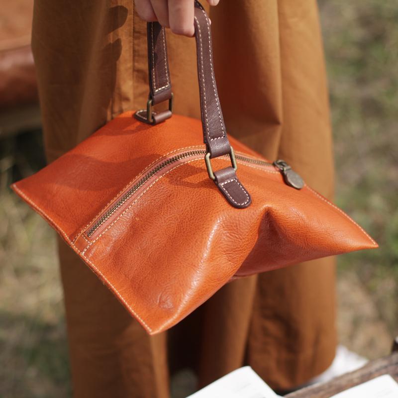 Fashion Womens Brown Leather Unusual Handbags Soft Tan Leather Handbag Folded Clutch Purse