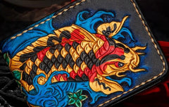 Handmade Leather License Wallet Tooled Carp Mens billfold Wallet Cool Leather Wallet Slim Wallet for Men