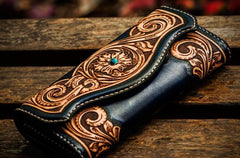 Handmade Leather Men Tooled Blue Floral Cool Leather Wallet Long Phone Clutch Wallets for Men