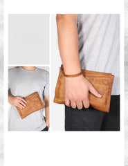 Handmade Leather Mens Brown Long Leather Wallet Wristlet Bag Envelope Bag Clutch Wallet for Men