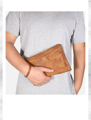 Handmade Leather Mens Brown Long Leather Wallet Wristlet Bag Envelope Bag Clutch Wallet for Men