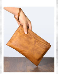 Handmade Leather Mens Brown Long Leather Wallet Wristlet Bag Envelope Bag Clutch Wallet for Men