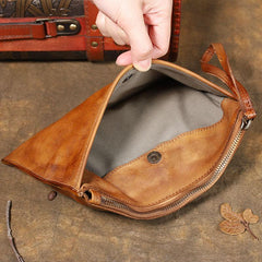 Handmade Leather Mens Brown Long Leather Wallet Wristlet Bag Envelope Bag Clutch Wallet for Men