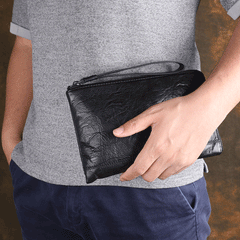 Handmade Cool Leather Mens Black Long Wallet Wirstlet Bag Black Zipper Clutch Wallet for Men