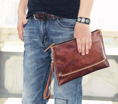 Handmade Leather Mens Brown Clutch Vintage Wristlet Wallet Clutch Wallet for Men