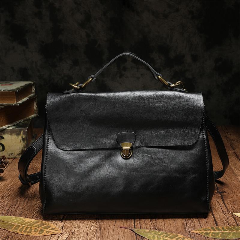 Black WOmens Leather Handbag Vintage Side Bag Brown Shoulder Bag for Ladies