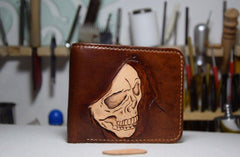 Handmade Leather Skull Death Tooled Mens billfold Wallet Cool Leather Wallet Slim Wallet for Men
