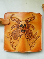 Handmade Leather Skull Devil Mens Chain Wallet Biker Wallet Cool Leather Wallet Long Tooled Wallets for Men