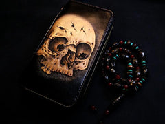 Handmade Leather Skull Double Zipper Mens Long Wallet Clutch Cool Leather Wallet Long Tooled Wallets for Men