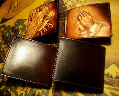 Handmade Leather Chinese Lion Tooled Mens billfold Wallet Cool Leather Wallet Slim Wallet for Men