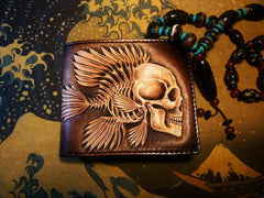Handmade Leather Skull Fish Tooled Mens billfold Wallet Cool Leather Wallet Slim Wallet for Men