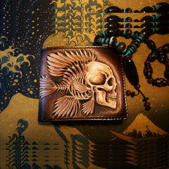 Handmade Leather Chinese Lion Tooled Mens billfold Wallet Cool Leather Wallet Slim Wallet for Men