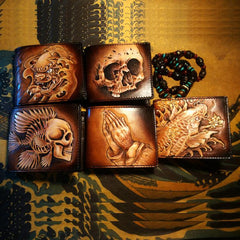 Handmade Leather Chinese Lion Tooled Mens billfold Wallet Cool Leather Wallet Slim Wallet for Men