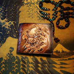 Handmade Leather Chinese Lion Tooled Mens billfold Wallet Cool Leather Wallet Slim Wallet for Men