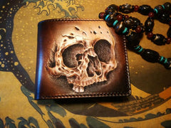 Handmade Leather Skull Tooled Mens billfold Wallet Cool Leather Wallet Slim Wallet for Men