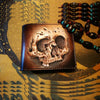 Hand tooled lion foo dog leather wallet front, coffee brown