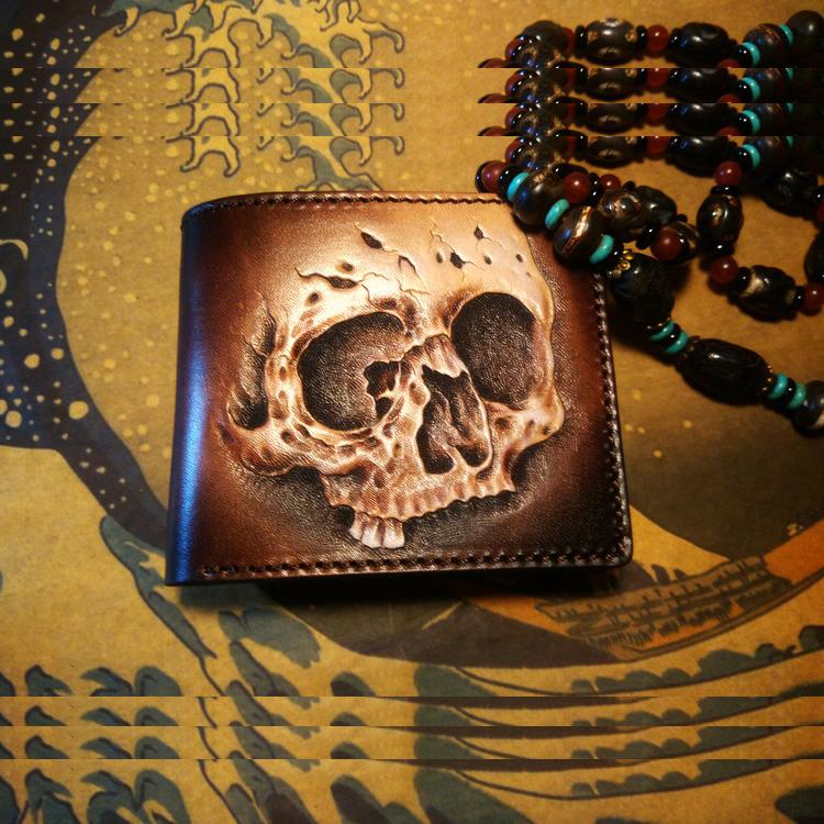 Handmade Leather Chinese Lion Tooled Mens billfold Wallet Cool Leather Wallet Slim Wallet for Men