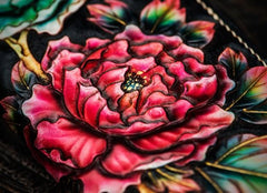Handmade Leather Tooled Black Peony Cool Leather Wallet Zipper Long Phone Clutch Wallets for Women