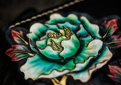 Handmade Leather Tooled Black Peony Cool Leather Wallet Zipper Long Phone Clutch Wallets for Women