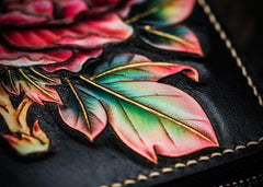 Handmade Leather Tooled Black Peony Cool Leather Wallet Zipper Long Phone Clutch Wallets for Women