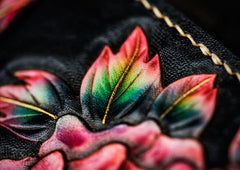Handmade Leather Tooled Black Peony Cool Leather Wallet Zipper Long Phone Clutch Wallets for Women