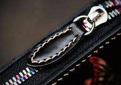 Handmade Leather Tooled Black Peony Cool Leather Wallet Zipper Long Phone Clutch Wallets for Women