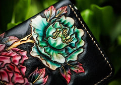 Handmade Leather Tooled Black Peony Cool Leather Wallet Zipper Long Phone Clutch Wallets for Women