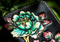 Handmade Leather Tooled Black Peony Cool Leather Wallet Zipper Long Phone Clutch Wallets for Women