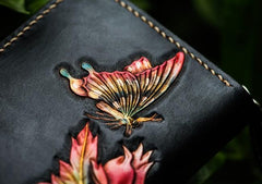 Handmade Leather Tooled Black Peony Cool Leather Wallet Zipper Long Phone Clutch Wallets for Women