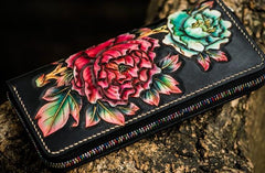 Handmade Leather Tooled Black Peony Cool Leather Wallet Zipper Long Phone Clutch Wallets for Women