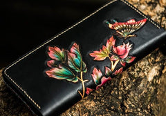 Handmade Leather Tooled Black Peony Cool Leather Wallet Zipper Long Phone Clutch Wallets for Women