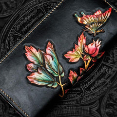 Handmade Leather Tooled Black Peony Cool Leather Wallet Zipper Long Phone Clutch Wallets for Women