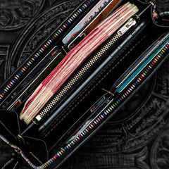 Handmade Leather Tooled Black Peony Cool Leather Wallet Zipper Long Phone Clutch Wallets for Women