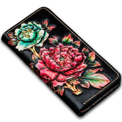 Handmade Leather Tooled Black Peony Cool Leather Wallet Zipper Long Phone Clutch Wallets for Women