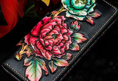 Handmade Leather Tooled Black Peony Cool Leather Wallet Zipper Long Phone Clutch Wallets for Women