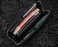 Handmade Leather Tooled Black Peony Cool Leather Wallet Zipper Long Phone Clutch Wallets for Women