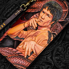 Handmade Leather Tooled Bruce Lee Black Mens Chain Biker Wallet Cool Leather Wallet Long Clutch Wallets for Men