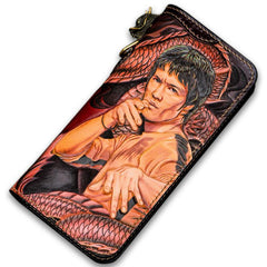 Handmade Leather Tooled Bruce Lee Black Mens Chain Biker Wallet Cool Leather Wallet Long Clutch Wallets for Men