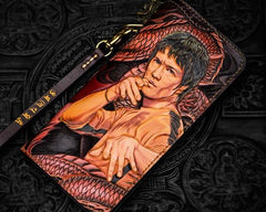 Handmade Leather Tooled Bruce Lee Black Mens Chain Biker Wallet Cool Leather Wallet Long Clutch Wallets for Men