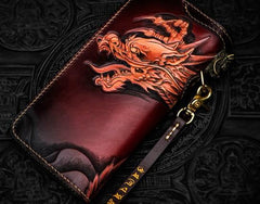 Handmade Leather Tooled Bruce Lee Black Mens Chain Biker Wallet Cool Leather Wallet Long Clutch Wallets for Men