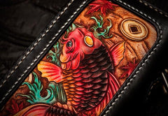 Handmade Leather Tooled Carp Chain Wallet Mens Biker Wallet Cool Leather Wallet Long Phone Wallets for Men