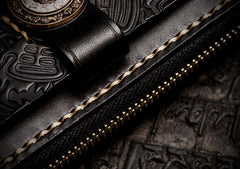 Handmade Leather Tooled Carp Chain Wallet Mens Biker Wallet Cool Leather Wallet Long Phone Wallets for Men